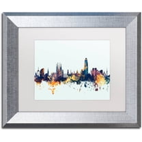 Trademark Fine Art "Barcelona Spain Skyline Blue" Canvas Art by Michael Tompsett, White Matte, Silver Frame