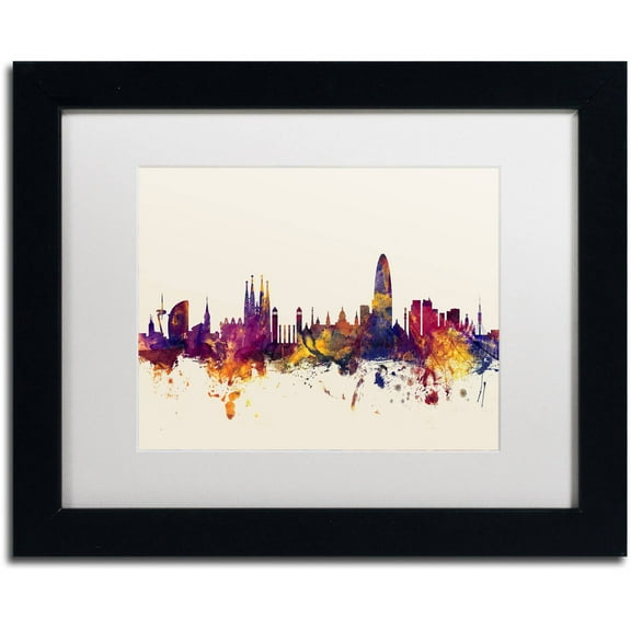 Trademark Fine Art "Barcelona Spain Skyline" Canvas Art by Michael Tompsett, White Matte, Black Frame