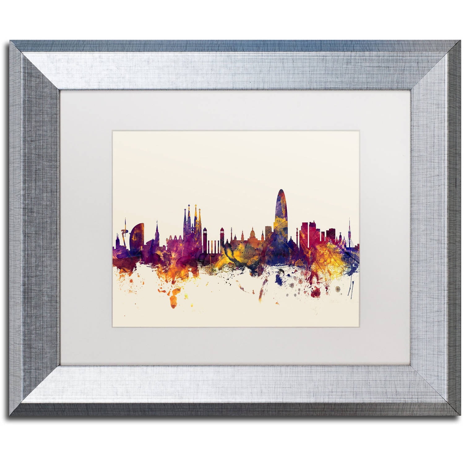 Trademark Fine Art "Barcelona Spain Skyline" Canvas Art by Michael Tompsett, White Matte, Silver Frame