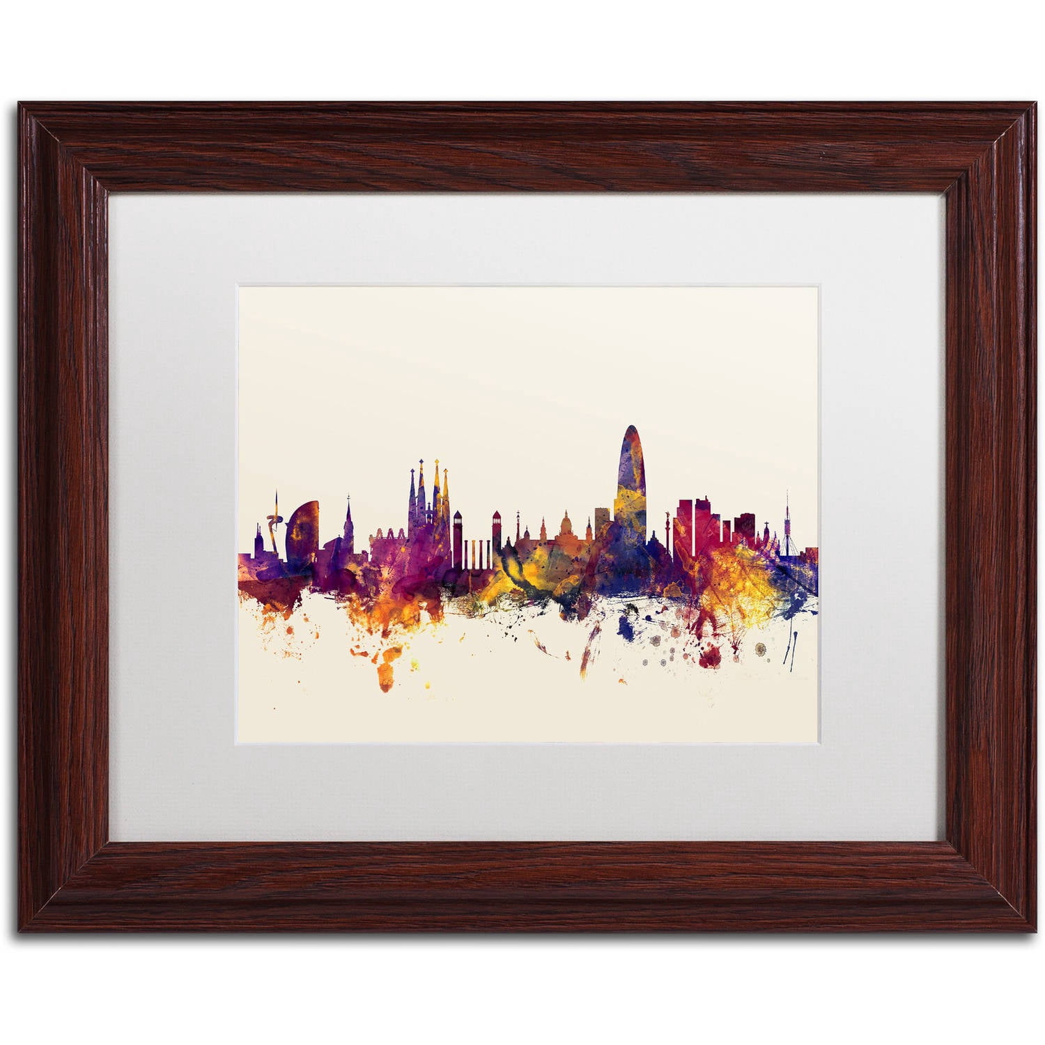 Trademark Fine Art "Barcelona Spain Skyline" Canvas Art by Michael Tompsett, White Matte, Wood Frame