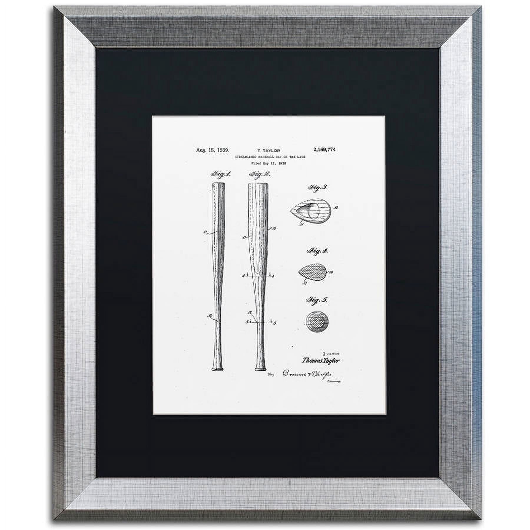 Trademark Fine Art "Baseball Bat Patent 1939 White" Canvas Art by Claire Doherty, Black Matte, Silver Frame