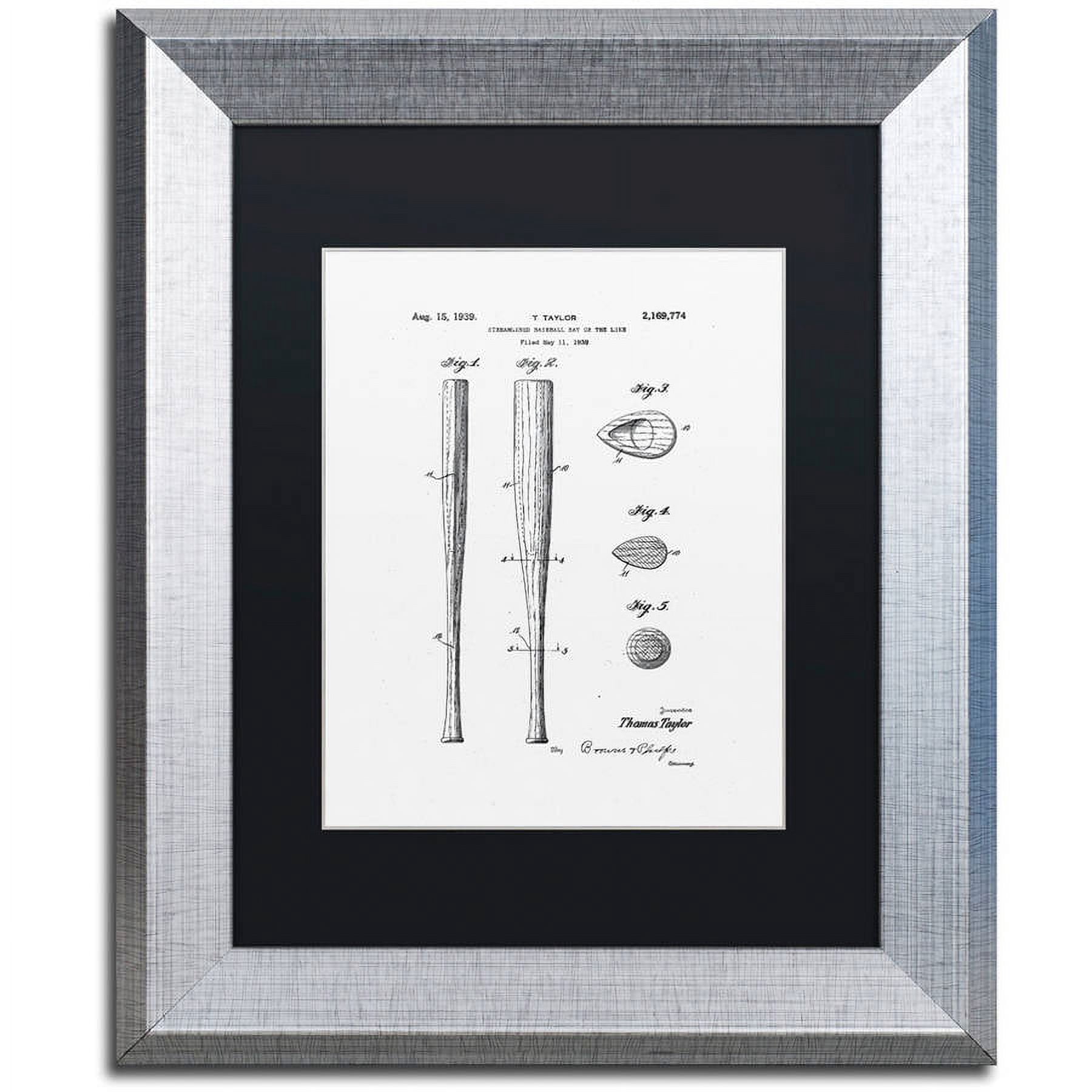 Trademark Fine Art "Baseball Bat Patent 1939 White" Canvas Art by Claire Doherty, Black Matte, Silver Frame