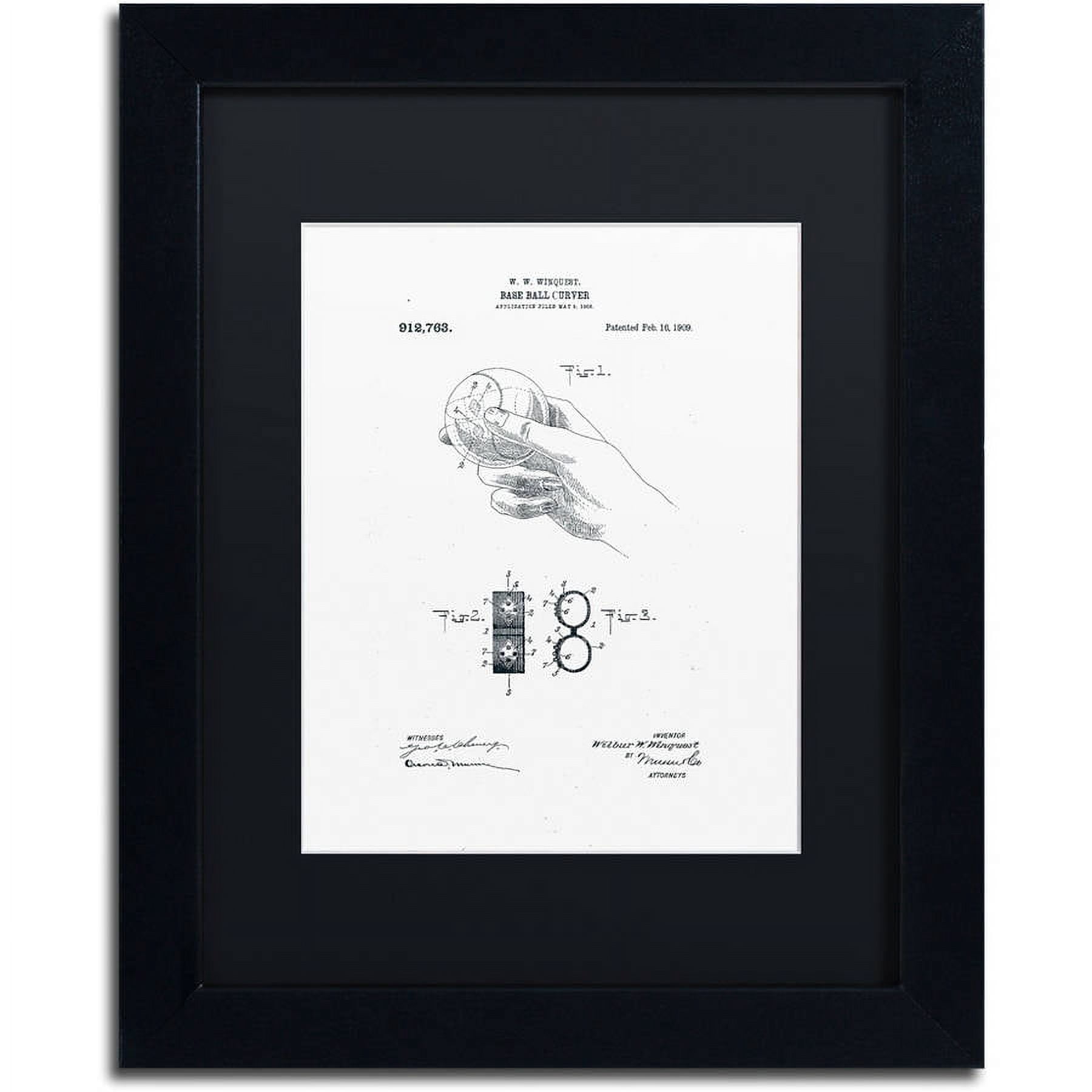 Trademark Fine Art "Baseball Curver Patent 1909 White" Canvas Art by Claire Doherty, Black Matte, Black Frame
