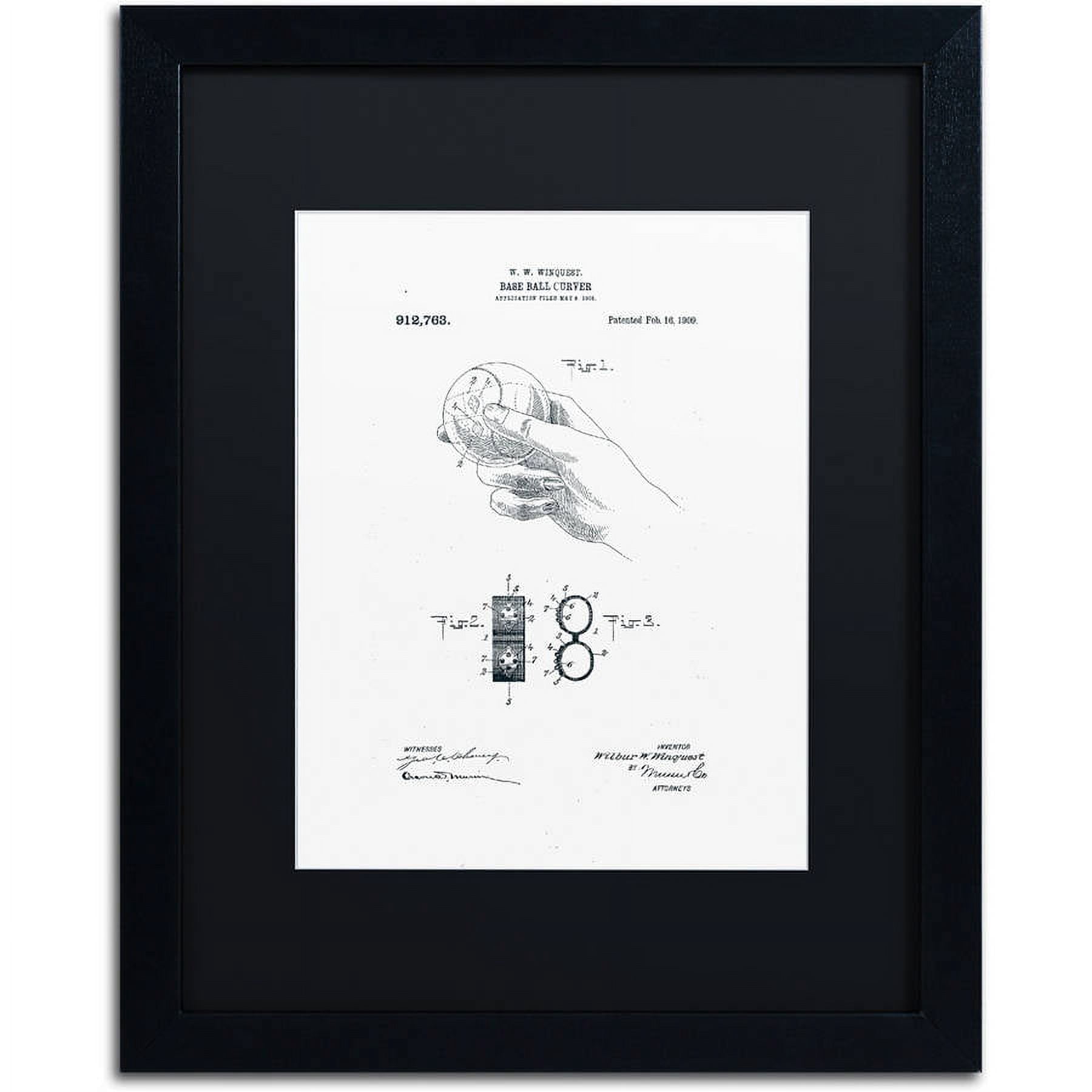 Trademark Fine Art "Baseball Curver Patent 1909 White" Canvas Art by Claire Doherty, Black Matte, Black Frame