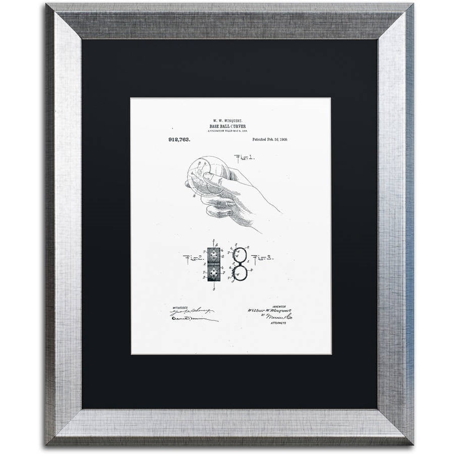 Trademark Fine Art "Baseball Curver Patent 1909 White" Canvas Art by Claire Doherty, Black Matte, Silver Frame
