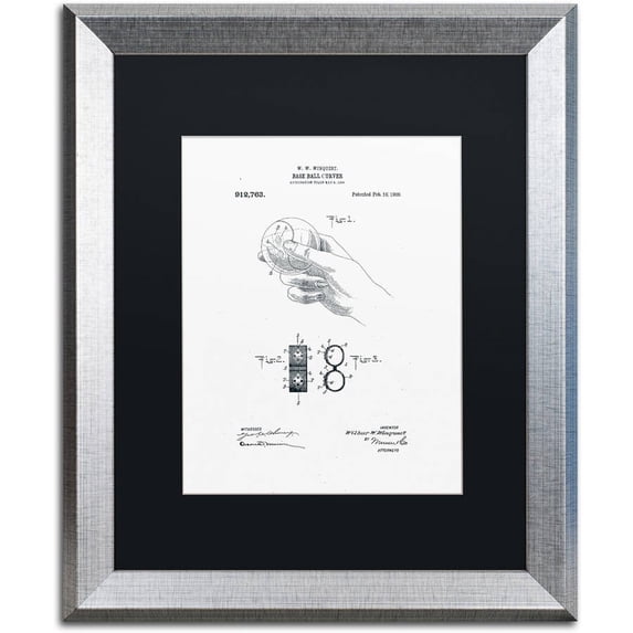 Trademark Fine Art "Baseball Curver Patent 1909 White" Canvas Art by Claire Doherty, Black Matte, Silver Frame
