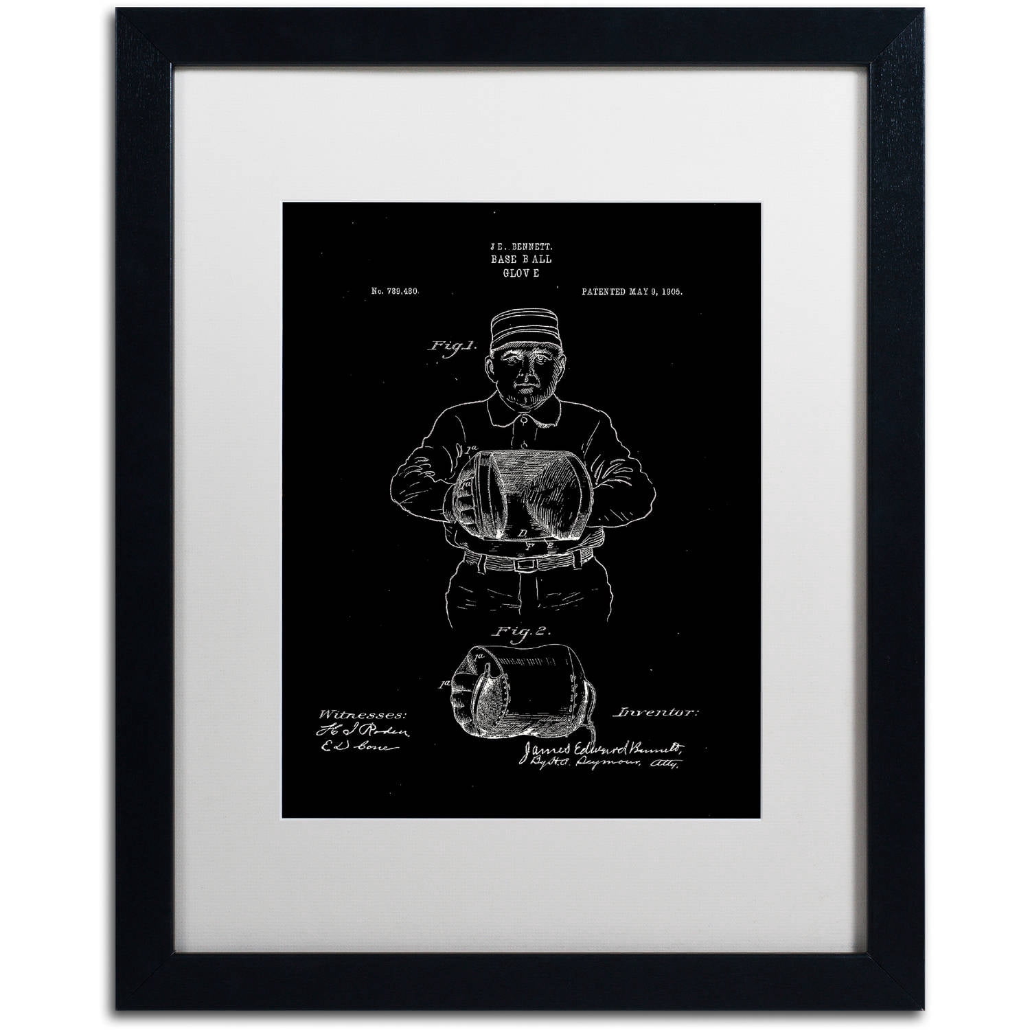 Trademark Fine Art "Baseball Glove Patent 1905 Black" Canvas Art by Claire Doherty, White Matte, Black Frame