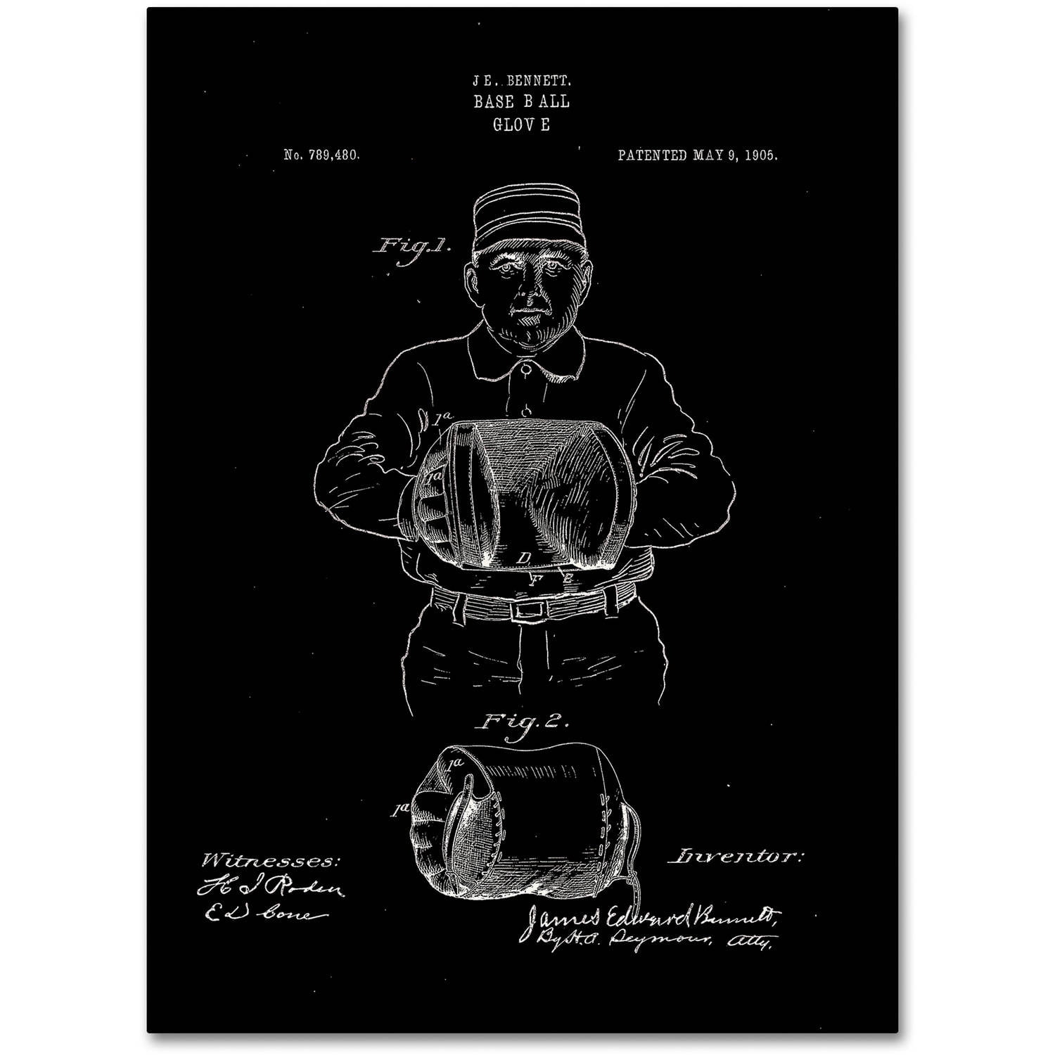 Trademark Fine Art "Baseball Glove Patent 1905 Black" Canvas Art by Claire Doherty