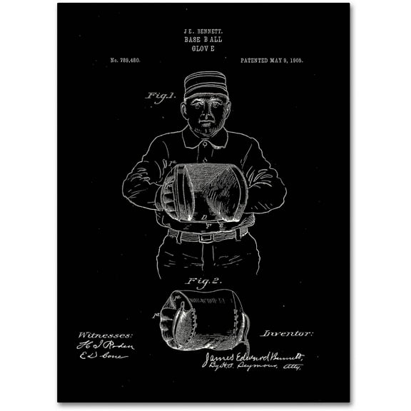 Trademark Fine Art "Baseball Glove Patent 1905 Black" Canvas Art by Claire Doherty