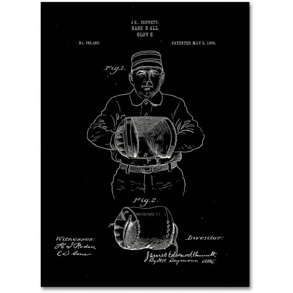 Trademark Fine Art "Baseball Glove Patent 1905 Black" Canvas Art by Claire Doherty