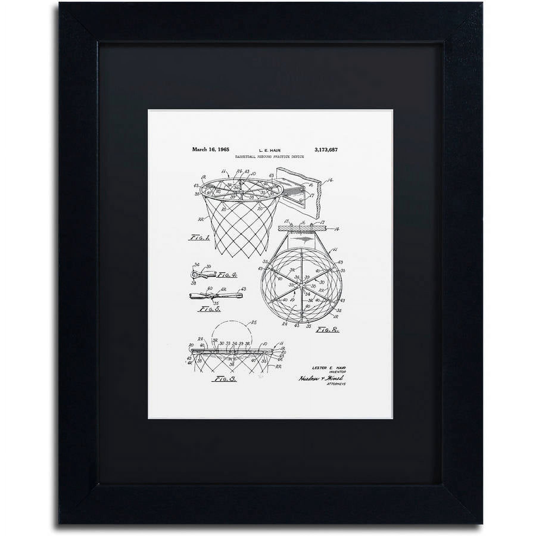 Trademark Fine Art "Basketball Hoop Patent 1965 White" Canvas Art by Claire Doherty, Black Matte, Black Frame