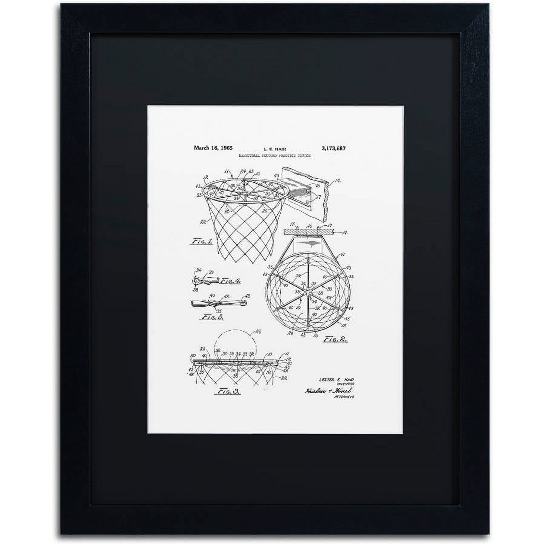 Trademark Fine Art "Basketball Hoop Patent 1965 White" Canvas Art by Claire Doherty, Black Matte, Black Frame