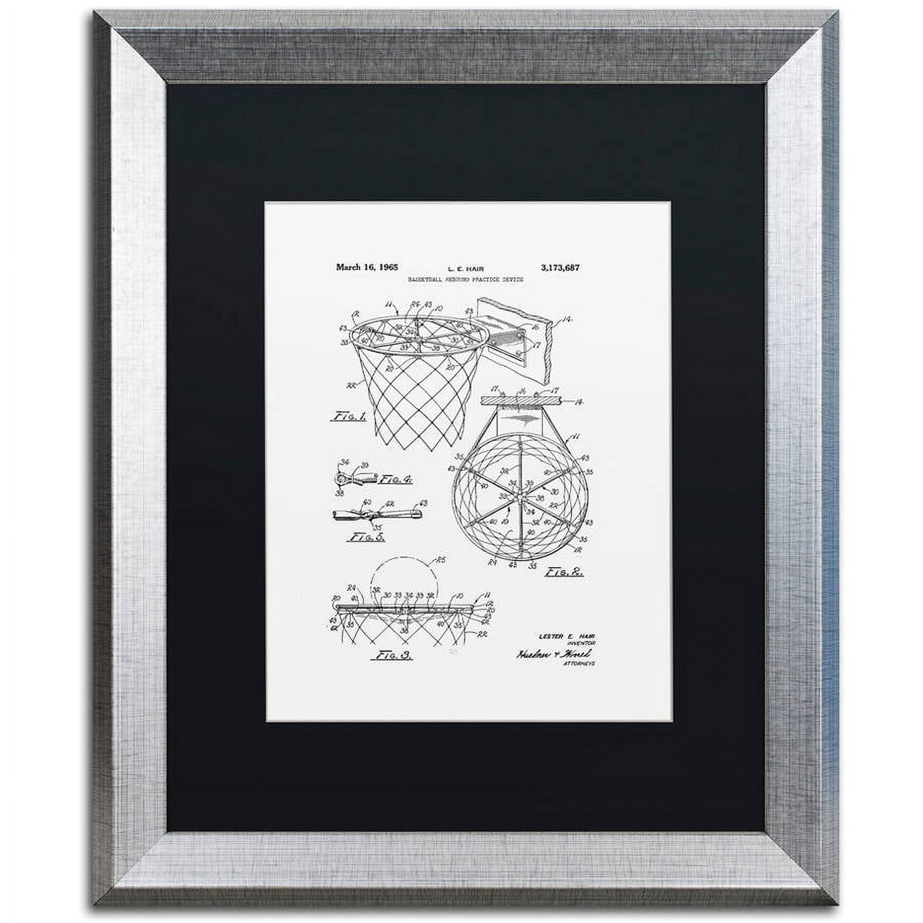 Trademark Fine Art "Basketball Hoop Patent 1965 White" Canvas Art by Claire Doherty, Black Matte, Silver Frame