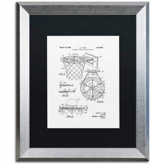 Trademark Fine Art "Basketball Hoop Patent 1965 White" Canvas Art by Claire Doherty, Black Matte, Silver Frame