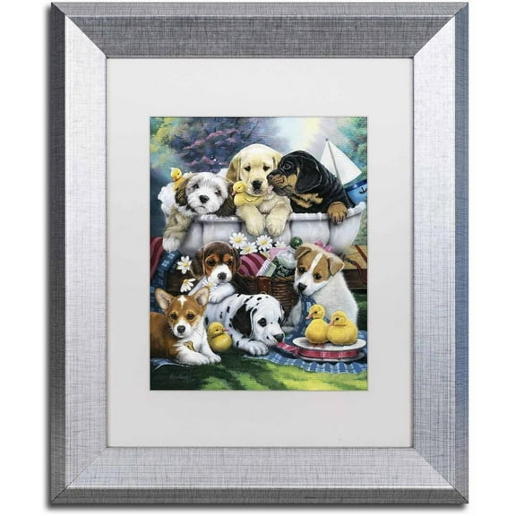 Trademark Fine Art 'Bath Time Pups' Canvas Art by Jenny Newland, White Matte, Silver Frame