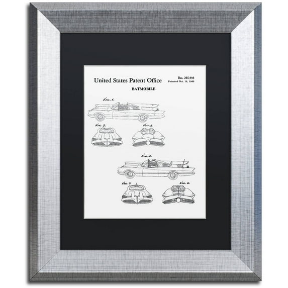 Trademark Fine Art "Batmobile Car Patent 1966 White" Canvas Art by Claire Doherty Black Matte, Silver Frame