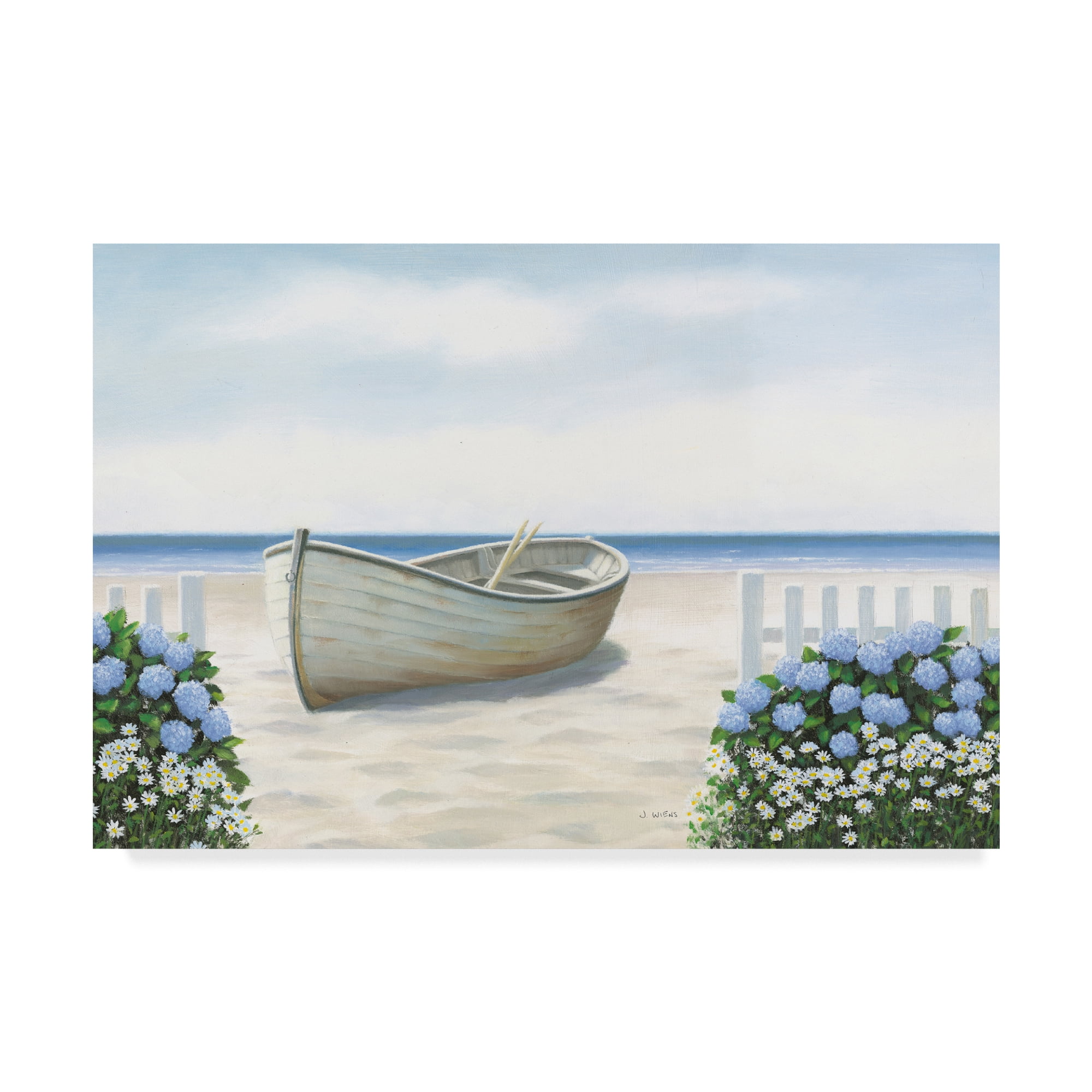 Beach Days Landscape Canvas Art with Boat and Flowers