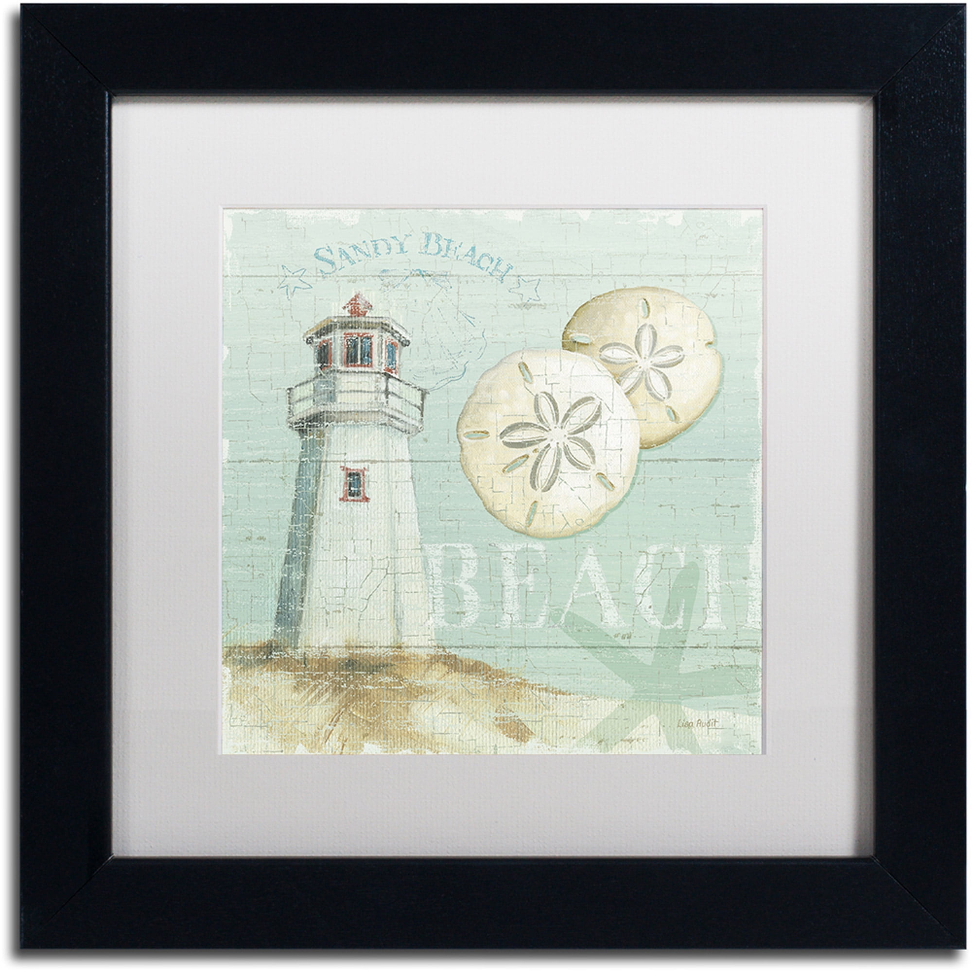 Beach House Lighthouse Framed Canvas Print with Black Wood Frame