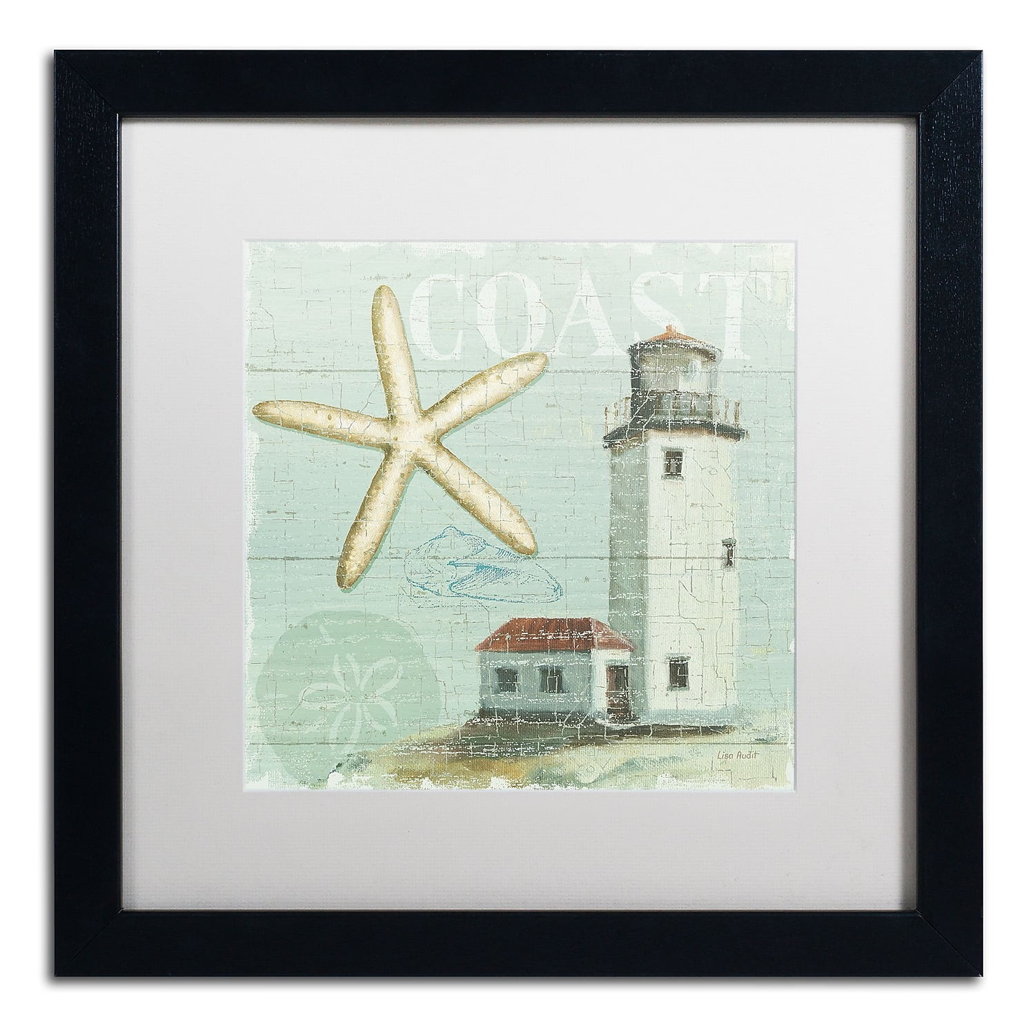 Coastal Lighthouse and Starfish Canvas Print with Black Frame
