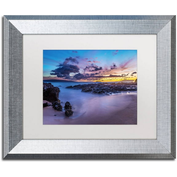 Trademark Fine Art 'Beach at Dusk' Canvas Art by Pierre Leclerc, White Matte, Silver Frame