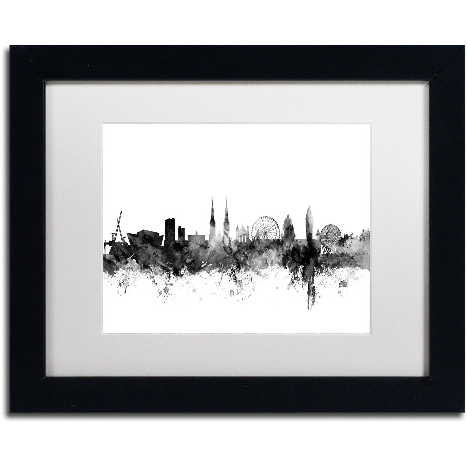 Trademark Fine Art "Belfast N. Ireland Skyline B&W" Canvas Art by Michael Tompsett, White Matte, Black Frame