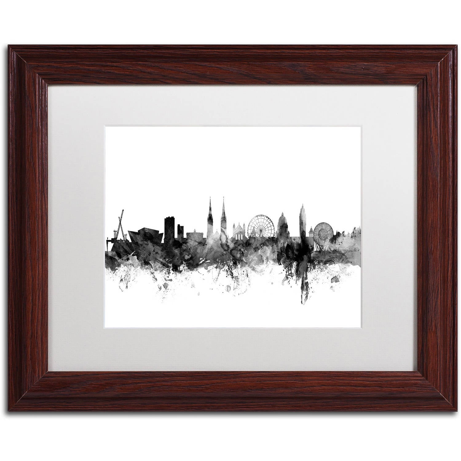 Trademark Fine Art "Belfast N. Ireland Skyline B&W" Canvas Art by Michael Tompsett, White Matte, Wood Frame