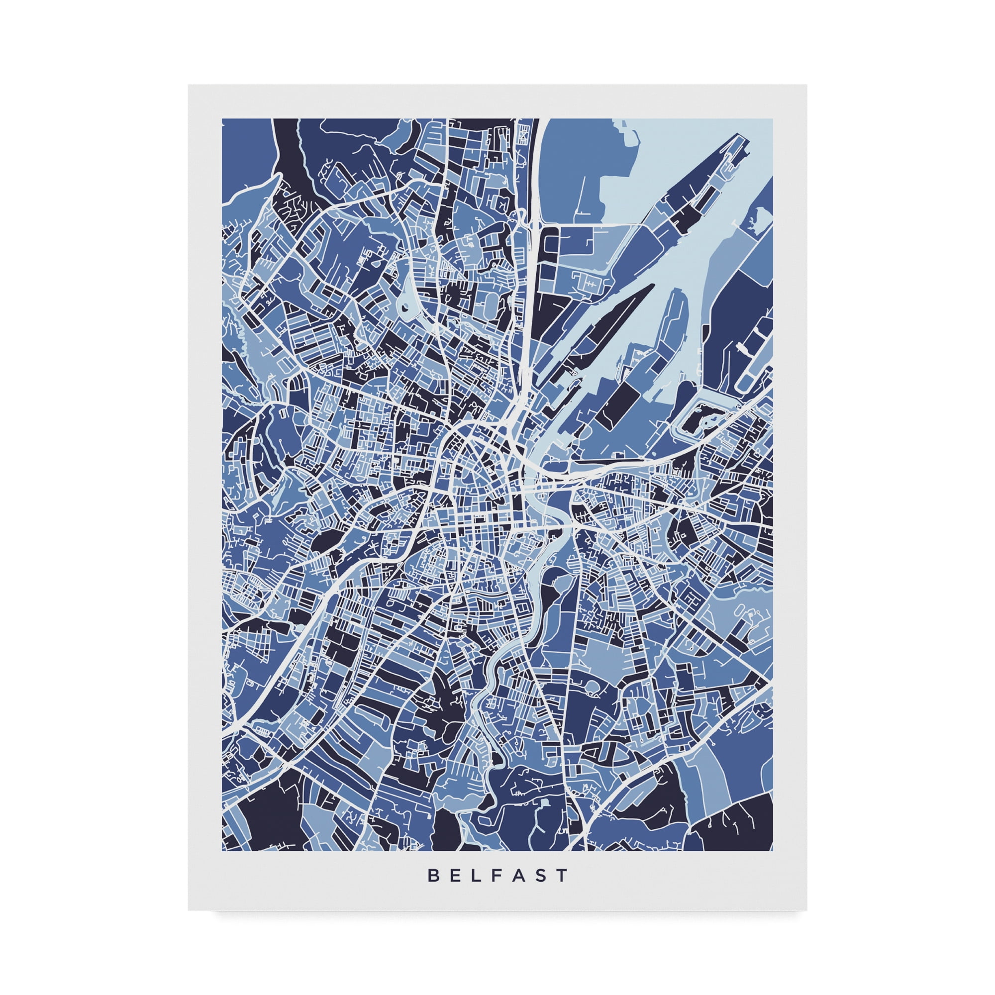 Trademark Fine Art 'Belfast Northern Ireland City Map Blue' Canvas Art by Michael Tompsett