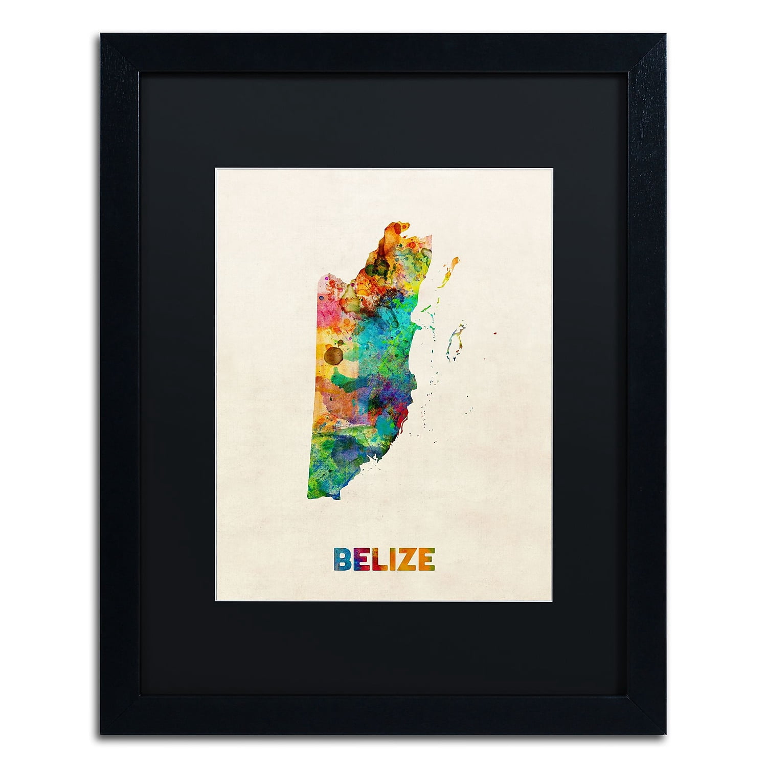 Trademark Fine Art "Belize Watercolor Map" Canvas Art by Michael Tompsett Black Matte, Black Frame