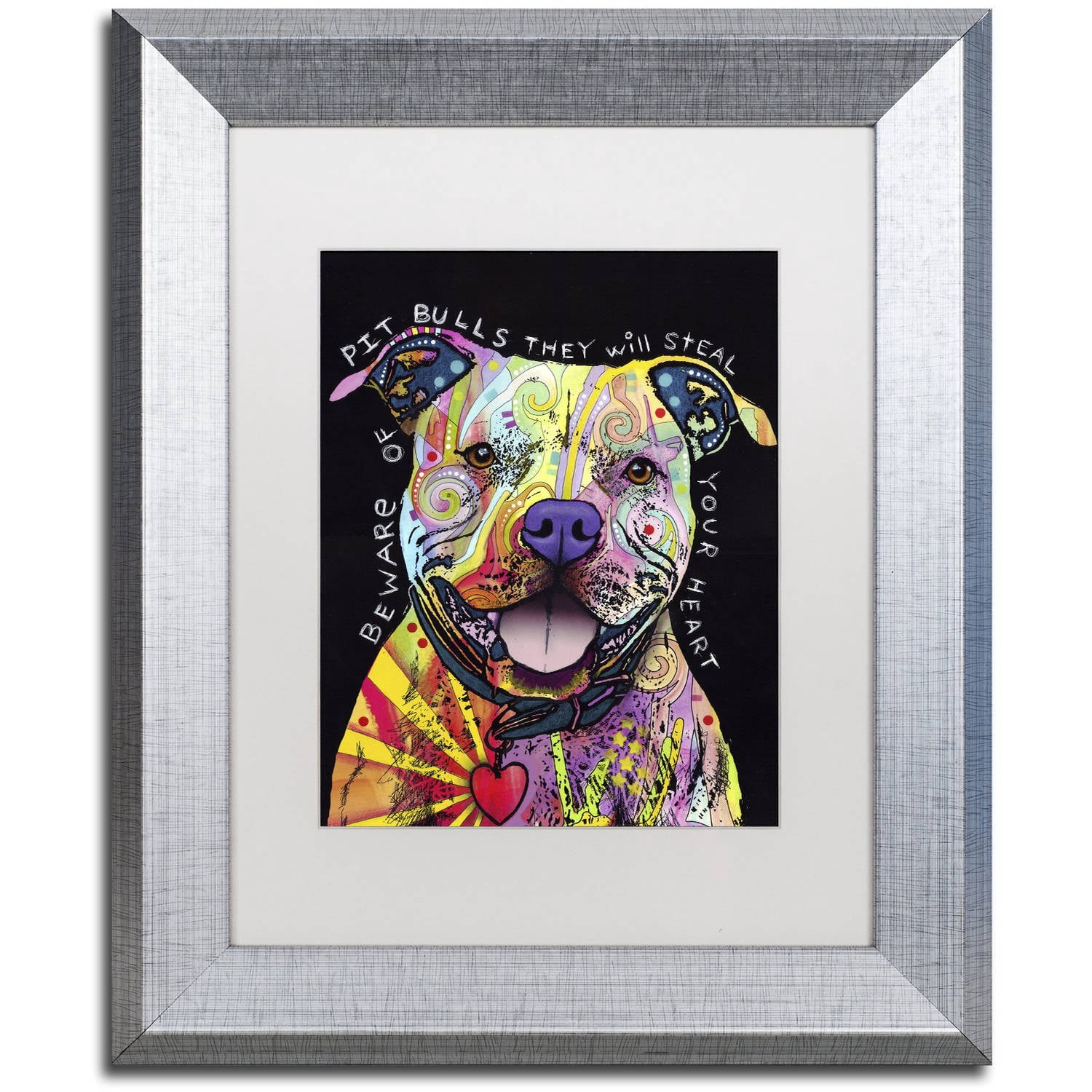 Trademark Fine Art "Beware of Pit Bulls" Canvas Art by Dean Russo, White Matte, Silver Frame