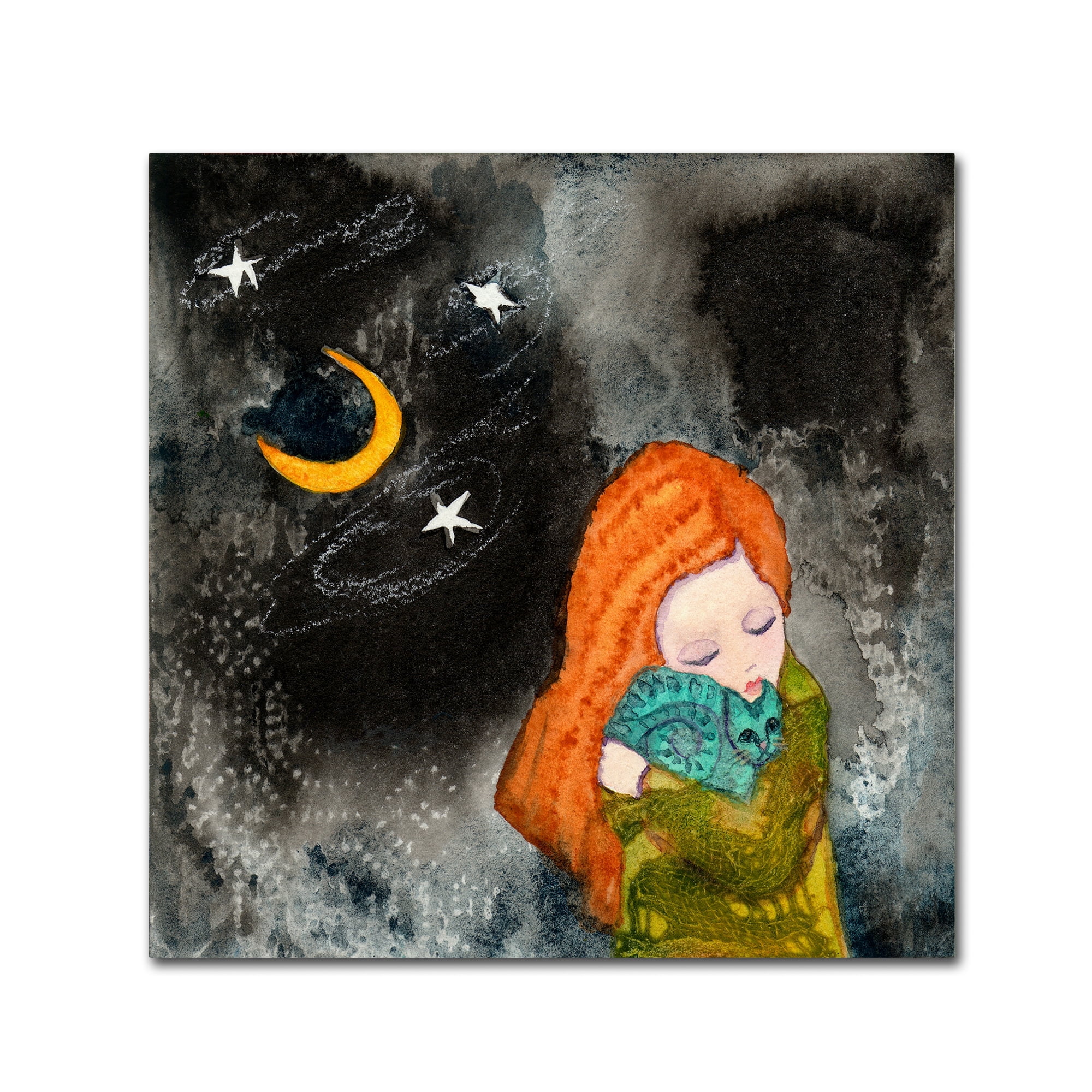 Abstract Girl Holding Cat Under Crescent Moon Canvas Art