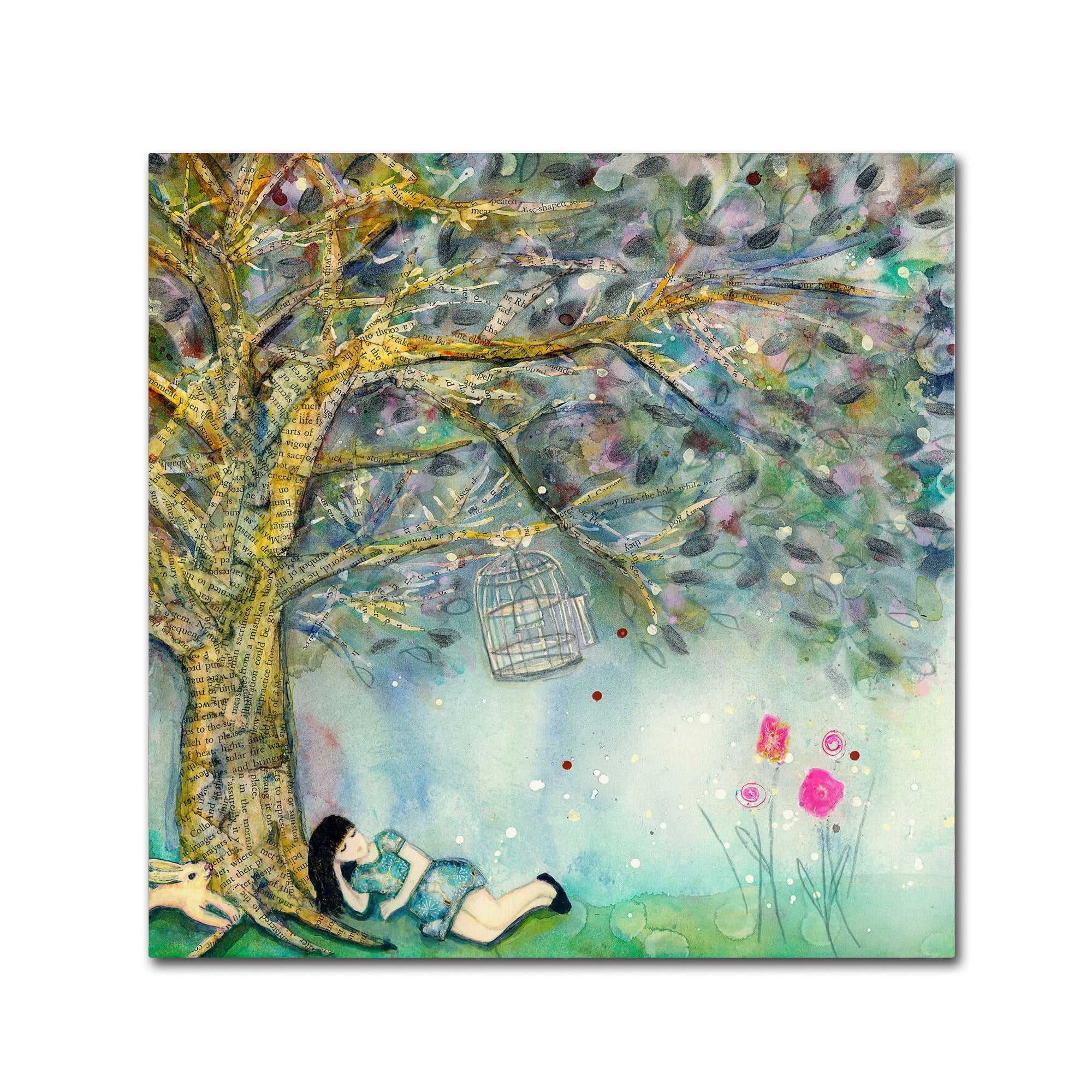 Wyanne Abstract Landscape Canvas Art with Girl and Birdcage