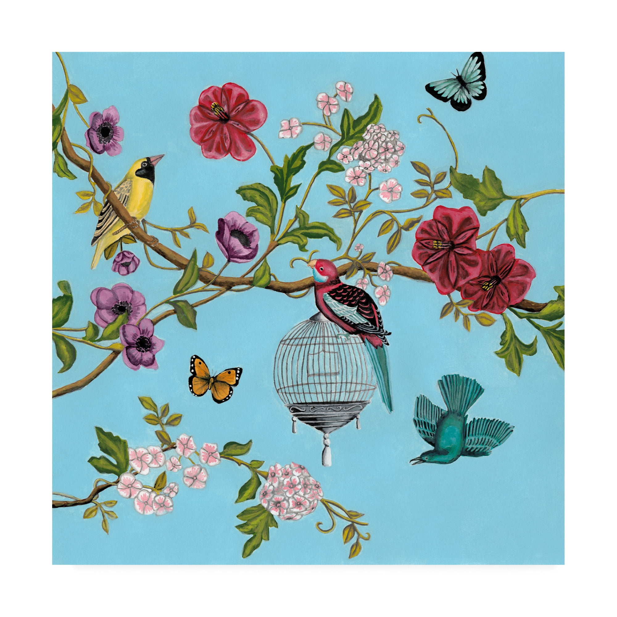 14 x 14 Framed Light Blue Floral Bird Canvas Art