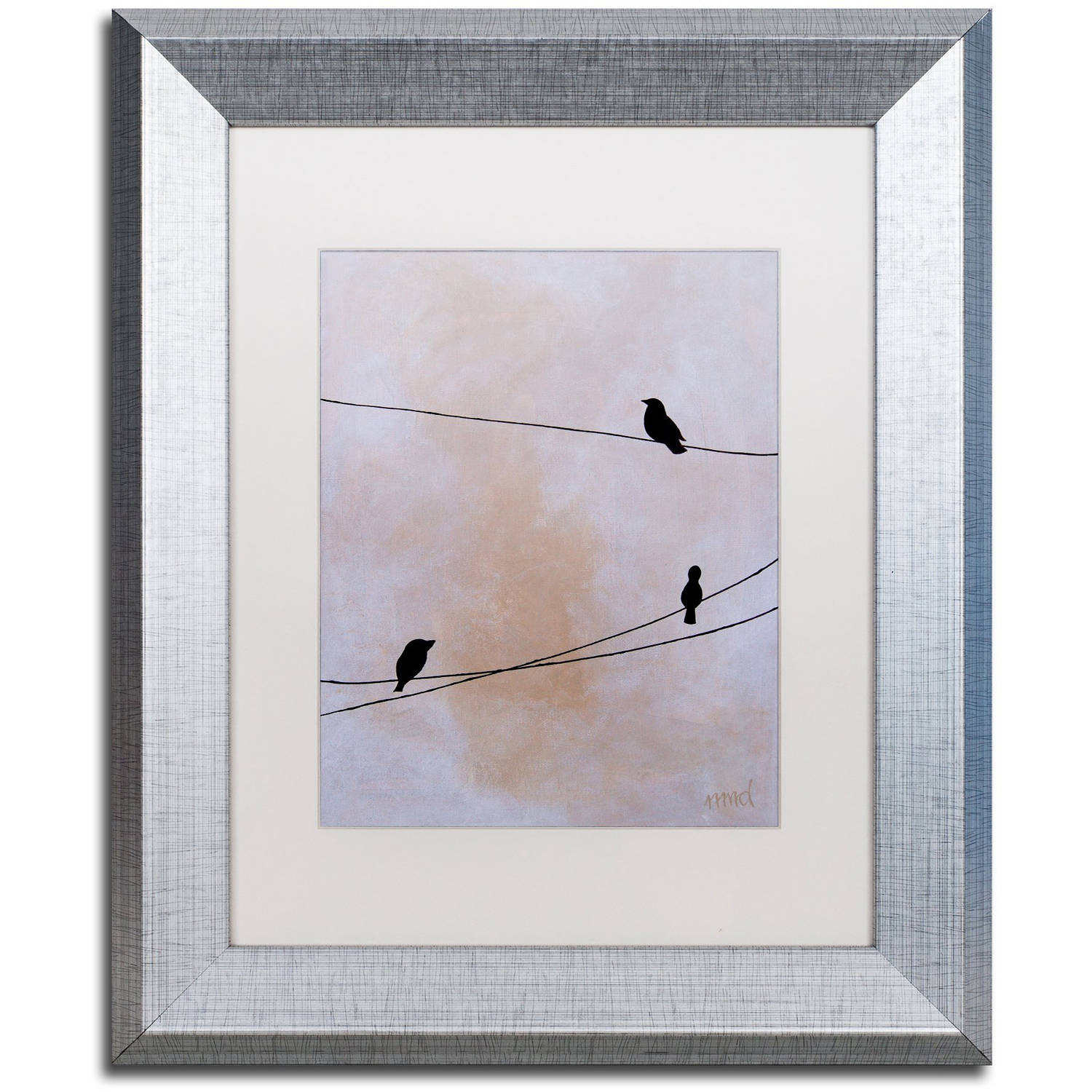 Trademark Fine Art 'Bird on Wire White' Canvas Art by Nicole Dietz, White Matte, Silver Frame