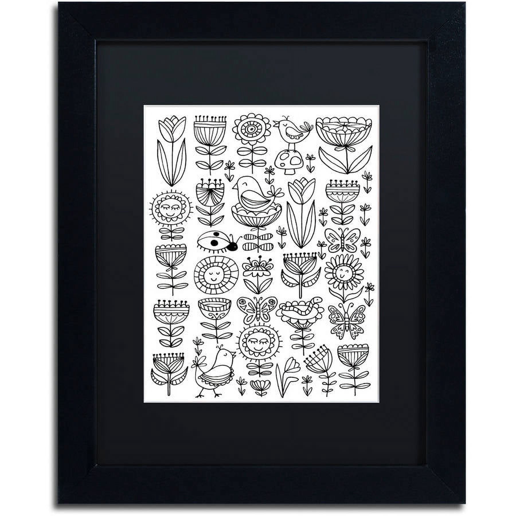 Trademark Fine Art "Birds And Flowers I" Canvas Art by Elizabeth Caldwell, Black Matte, Black Frame