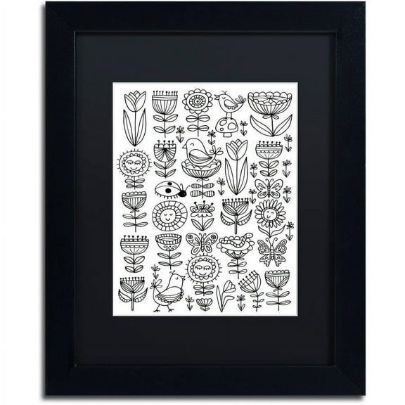 Trademark Fine Art "Birds And Flowers I" Canvas Art by Elizabeth Caldwell, Black Matte, Black Frame