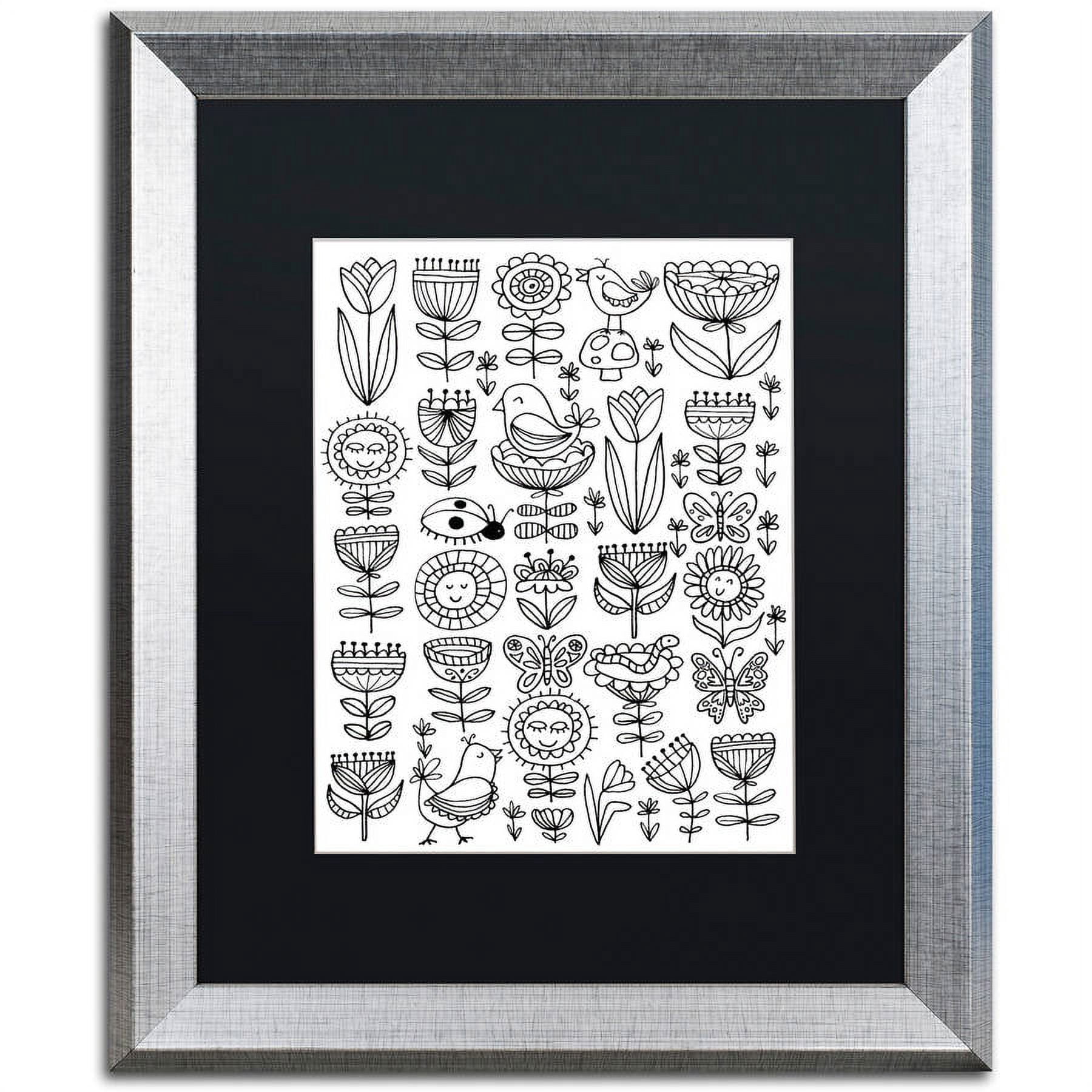 Trademark Fine Art "Birds And Flowers I" Canvas Art by Elizabeth Caldwell, Black Matte, Silver Frame