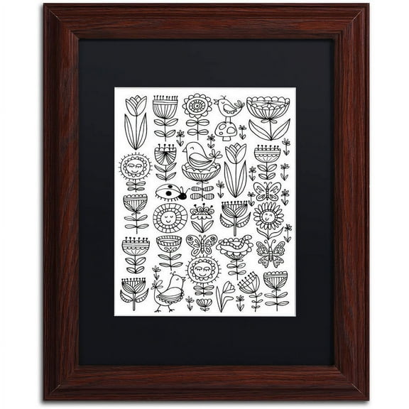 Trademark Fine Art "Birds And Flowers I" Canvas Art by Elizabeth Caldwell, Black Matte, Wood Frame