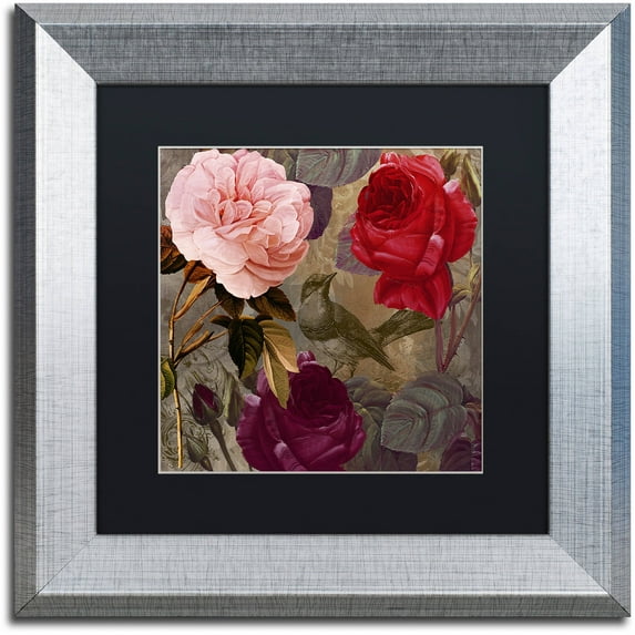 Trademark Fine Art "Birds and Roses" Canvas Art by Color Bakery Black Matte, Silver Frame