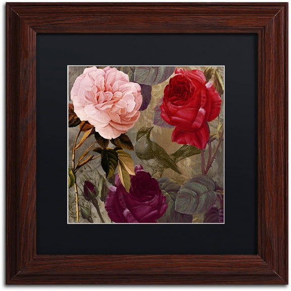 Trademark Fine Art "Birds and Roses" Canvas Art by Color Bakery Black Matte, Wood Frame
