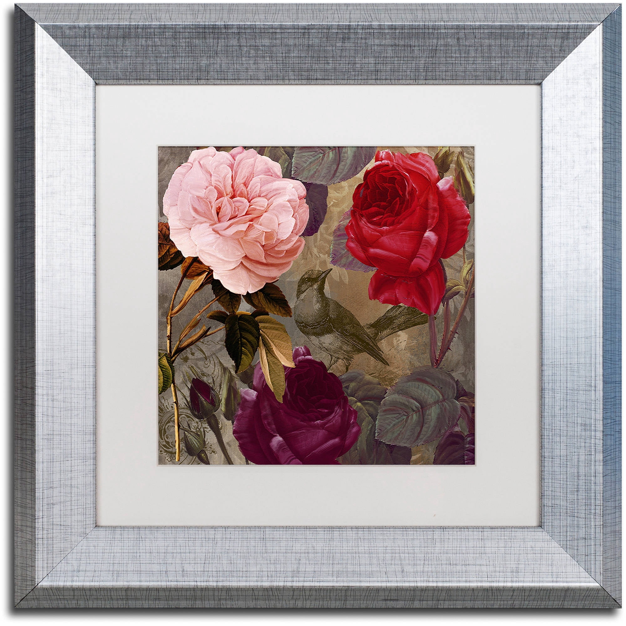 Trademark Fine Art "Birds and Roses" Canvas Art by Color Bakery White Matte, Silver Frame