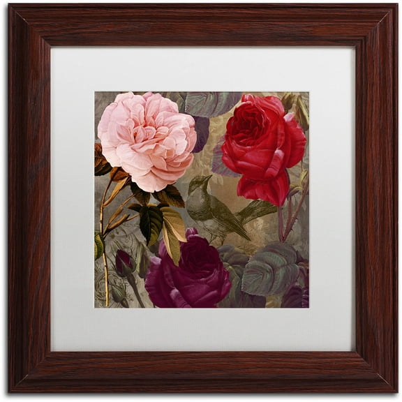 Trademark Fine Art "Birds and Roses" Canvas Art by Color Bakery White Matte, Wood Frame