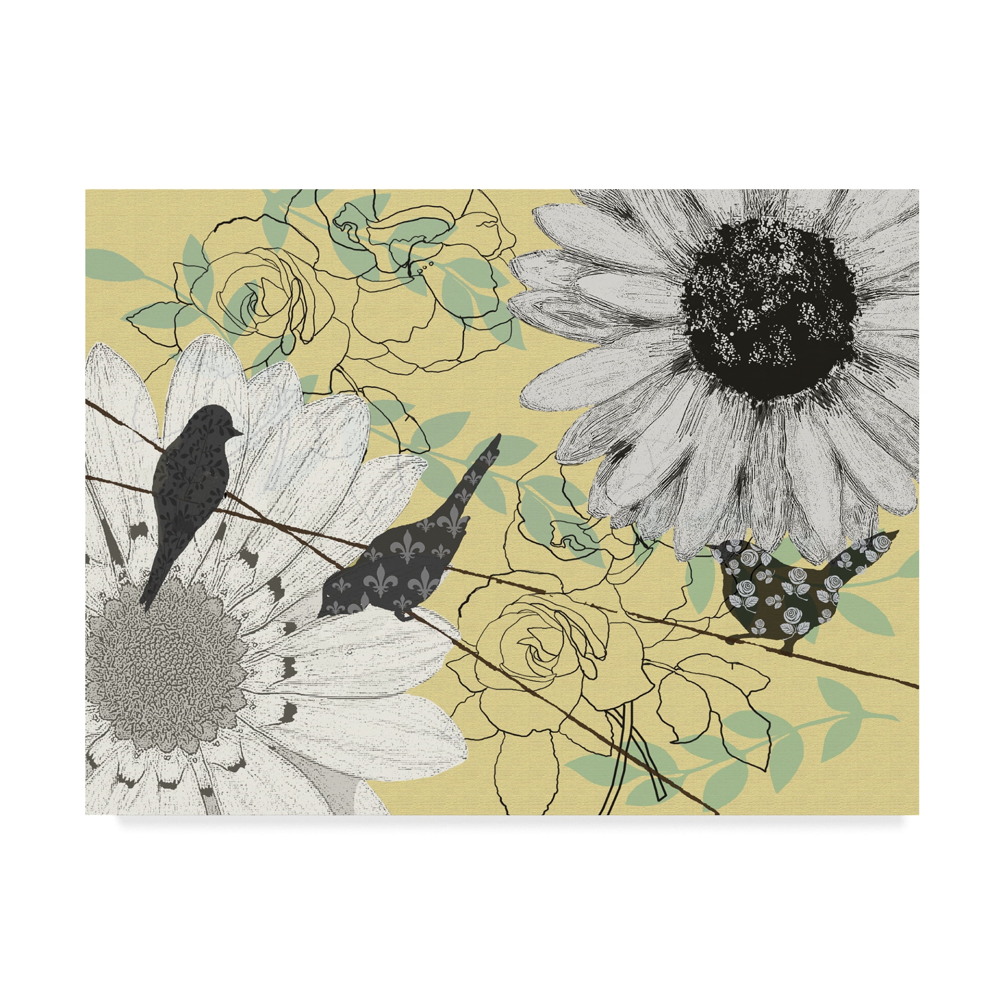Modern Yellow Floral and Bird Canvas Art, 14 x 19 Inches