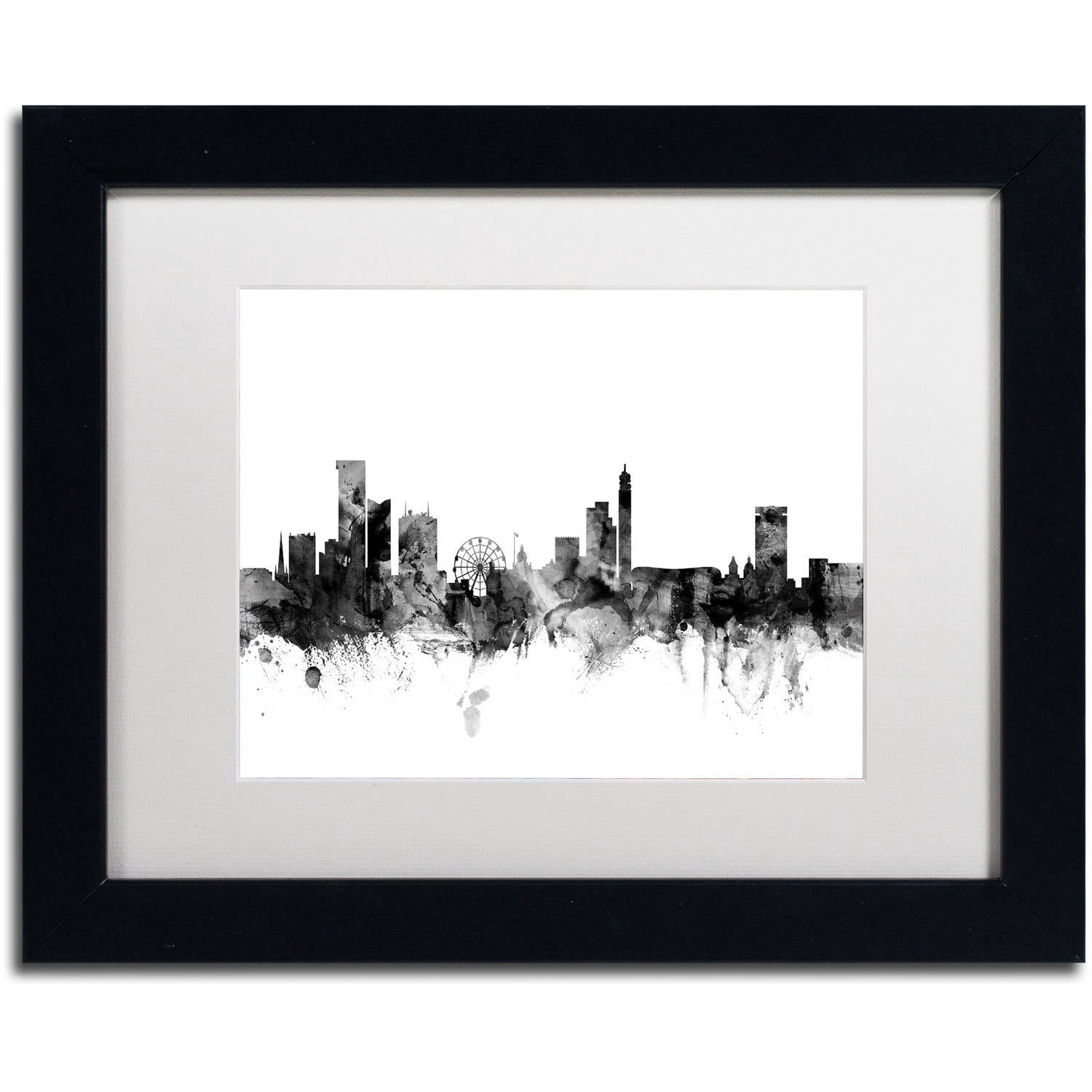 Trademark Fine Art "Birmingham England Skyline B&W" Canvas Art by Michael Tompsett, White Matte, Black Frame