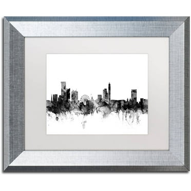Trademark Fine Art "Birmingham England Skyline B&W" Canvas Art by Michael Tompsett, White Matte, Silver Frame