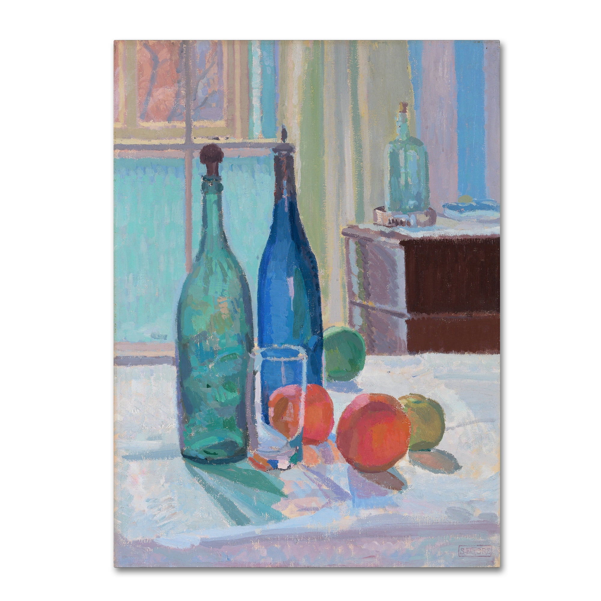 Blue and Green Bottles and Oranges Canvas Art by Spencer Gore
