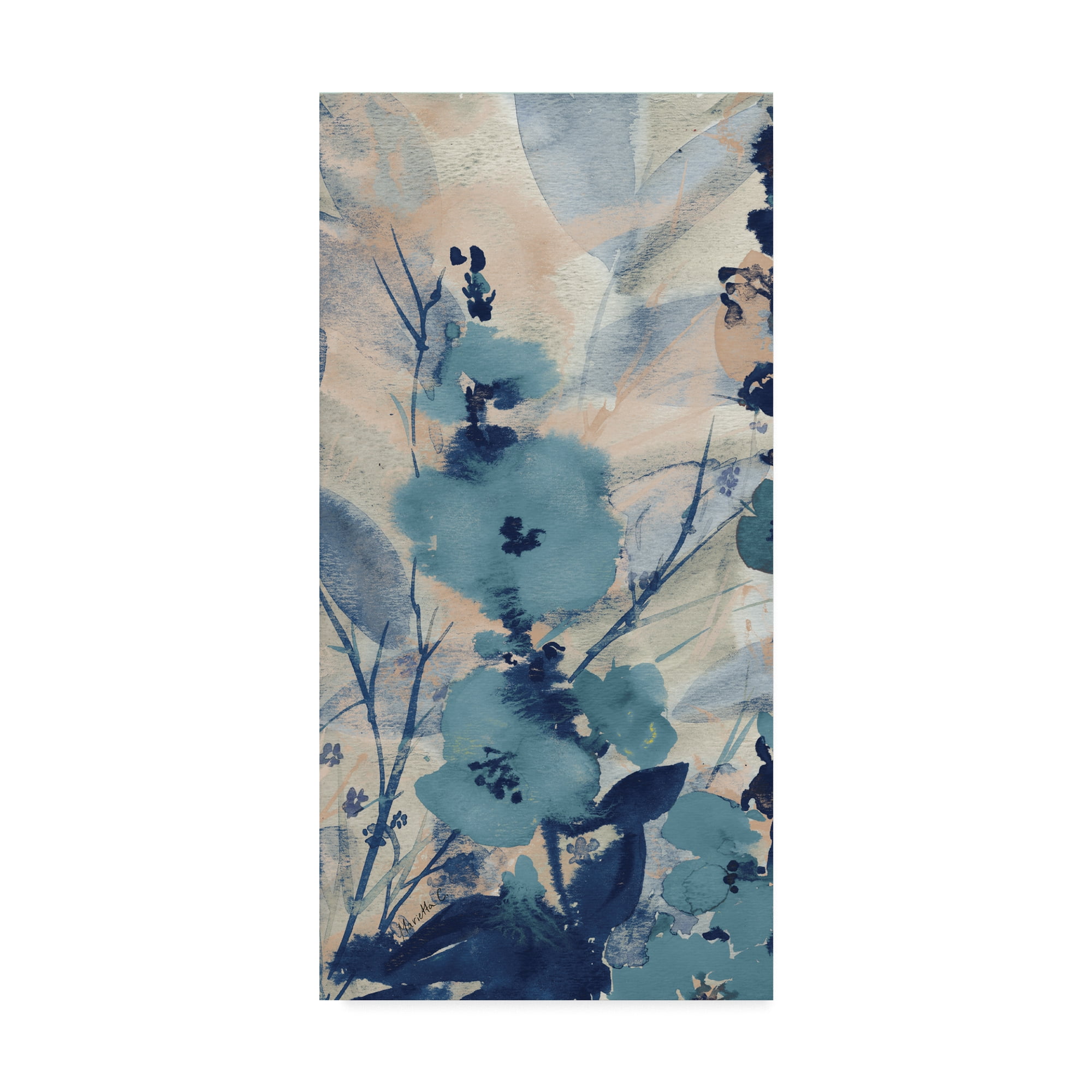 Modern Blue and White Floral Canvas Art with Wooden Frame