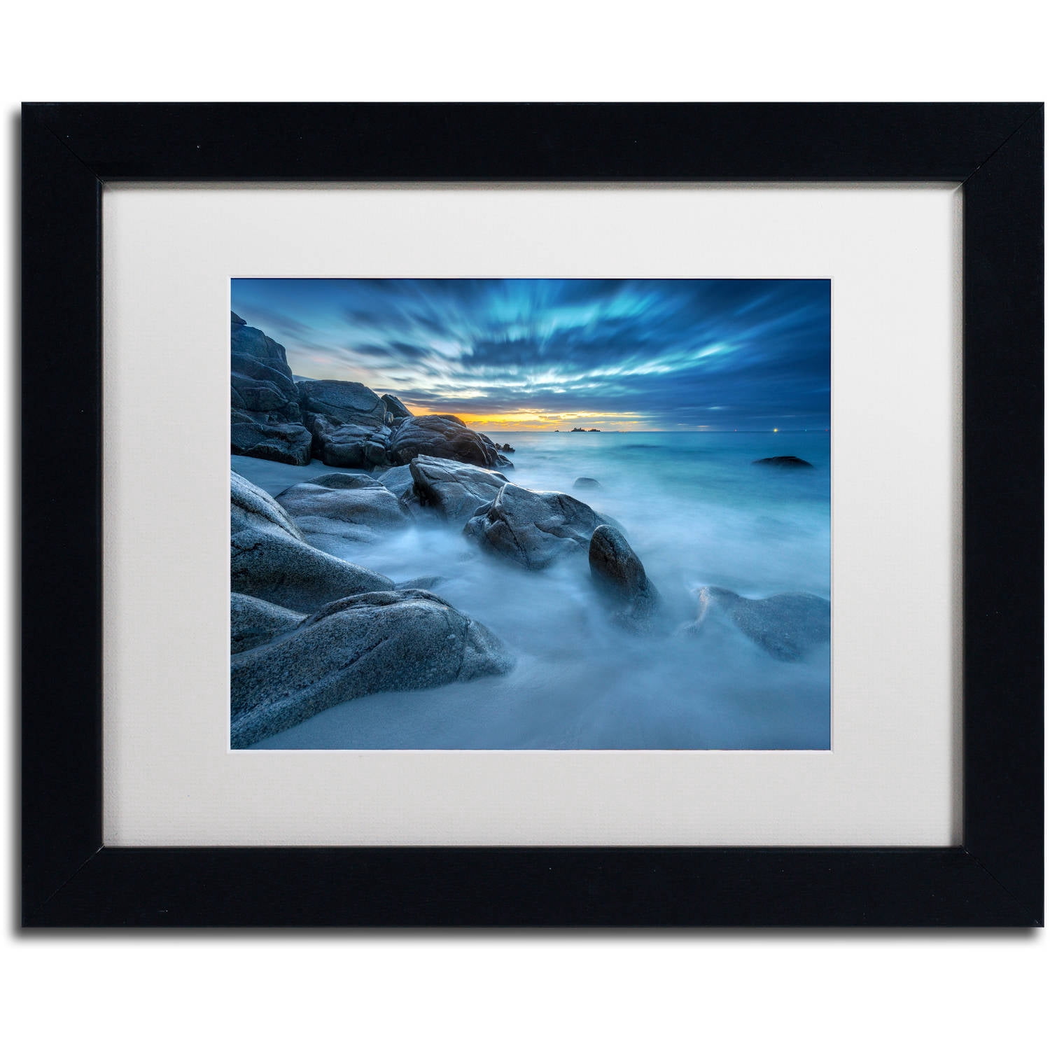 Trademark Fine Art "Blue Hour for a Blue Ocean" Canvas Art by Mathieu Rivrin, White Matte, Black Frame
