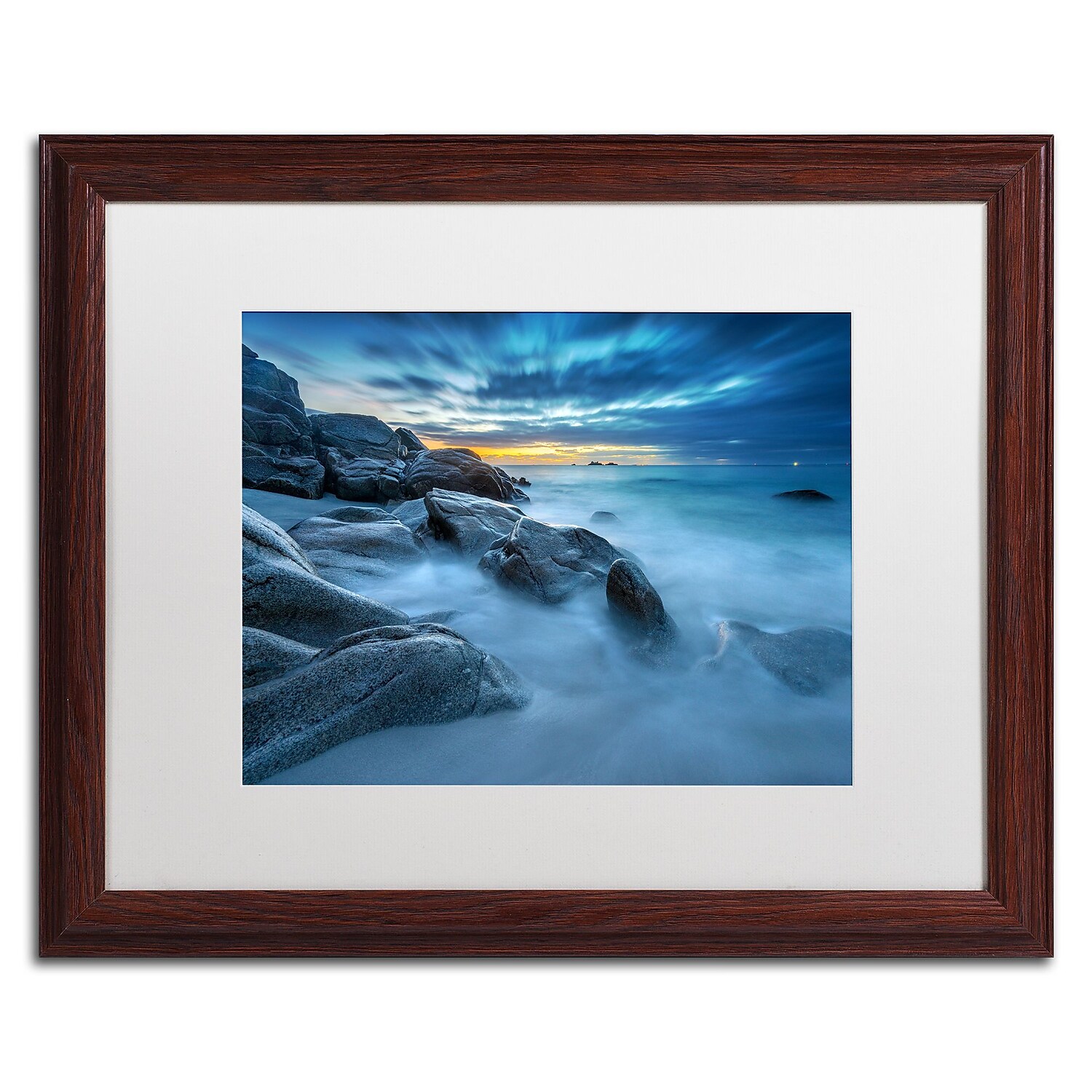 Trademark Fine Art "Blue Hour for a Blue Ocean" Canvas Art by Mathieu Rivrin, White Matte, Wood Frame
