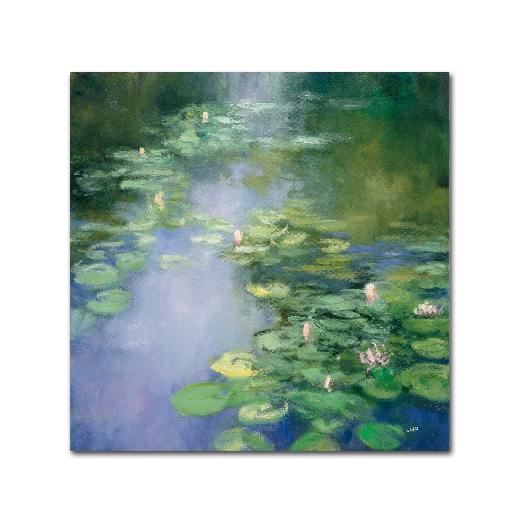 Blue Lily Pond Landscape Framed Canvas Art 14 x 14
