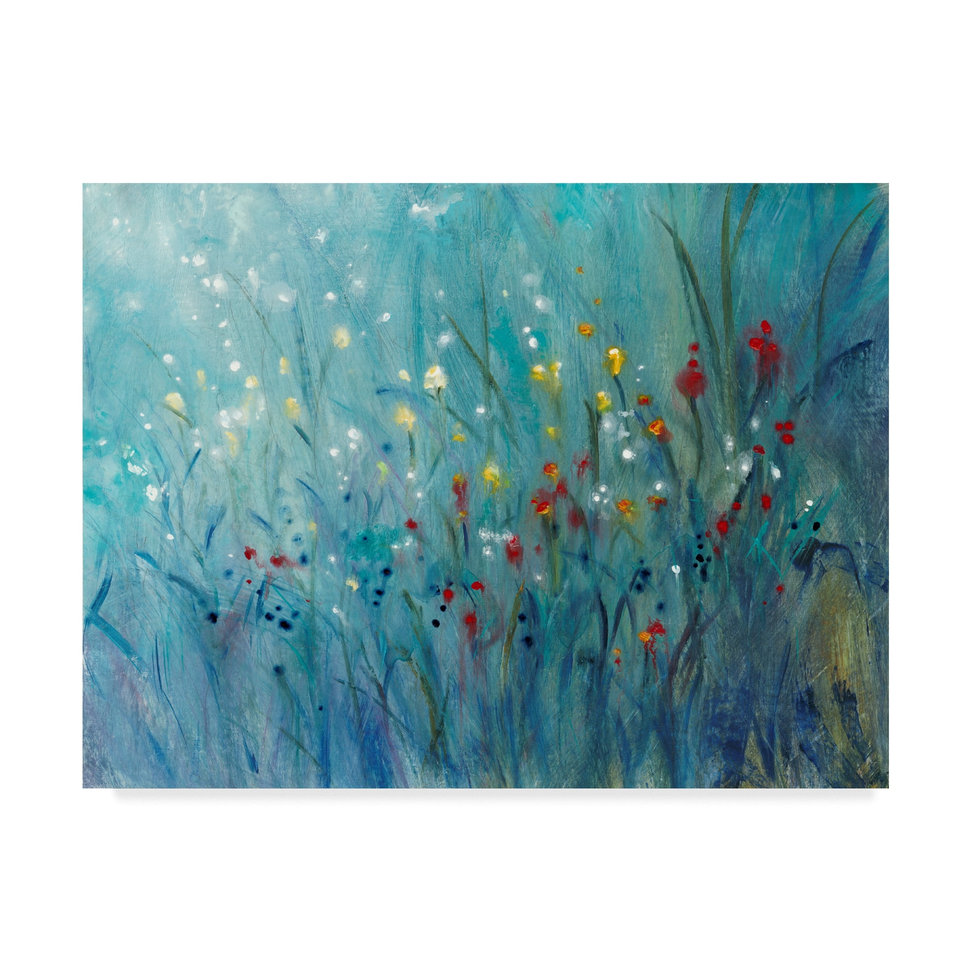 Blue and Teal Floral Landscape Canvas Print with Wooden Frame